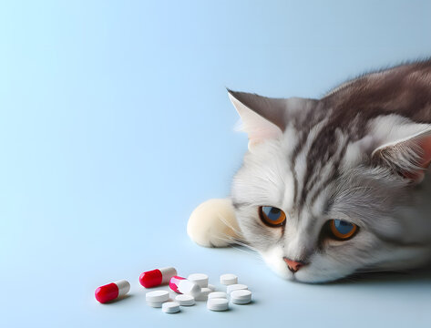 Cute sick sad cat is lying down and looking at the pills. Blue background