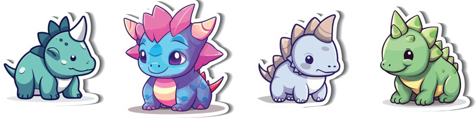 Colorful Triceratops Cartoon Stickers in Vector. Add a playful touch to your designs with these cheerful Triceratops dinosaur stickers. High-quality, isolated vectors for your projects!