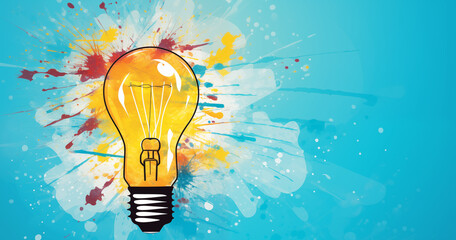 light bulb, sketch concept and idea concept, in light blue and yellow style.