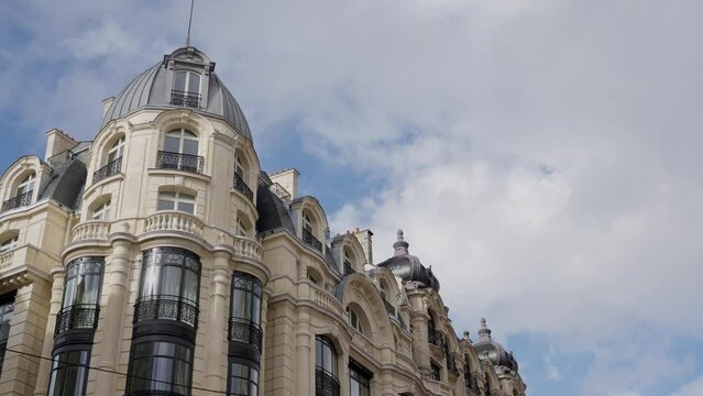 Typical Parisian Building With Balconies And Windows. Haussmann Style Architecture Along 16th Arrondissement In Paris, France. low angle, side view