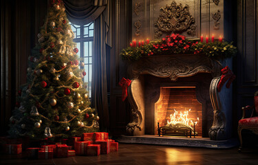 Modern interior with decorated Christmas tree and fireplace