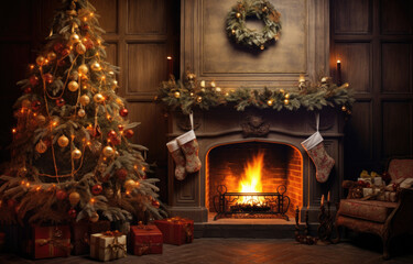 Fototapeta na wymiar Modern interior with decorated Christmas tree and fireplace