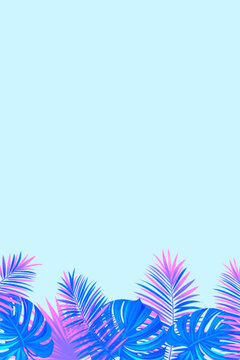 Exotic tropical vertical frame with jungle plants, palm leaves and place for your text. Tropic vector background. Trendy bright purple colors. Travel, spring, summer, vacation card.