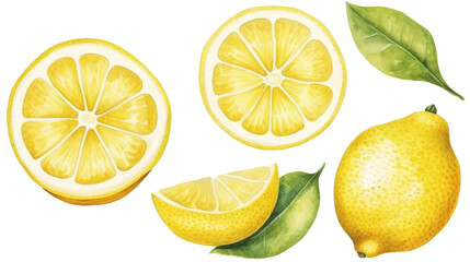 Lemons watercolor illustration set on transparent or white background, png