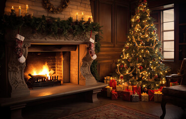 Modern interior with decorated Christmas tree and fireplace