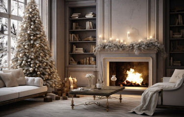 Modern interior with decorated Christmas tree and fireplace