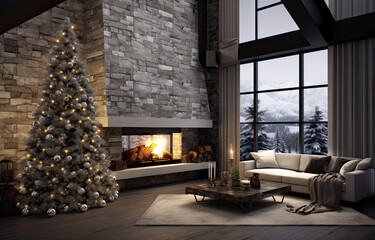 Modern interior with decorated Christmas tree and fireplace