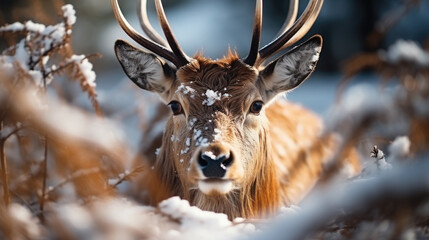 Fototapeta premium wild sika deer in the forest, trees, fawn, roe, antlers, winter, snow, new year, christmas, postcard, nature, cute, animal, eve, fairy tale