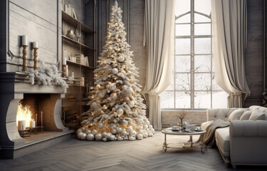 Modern interior with decorated Christmas tree and fireplace
