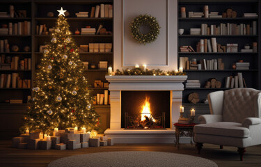 Modern interior with decorated Christmas tree and fireplace