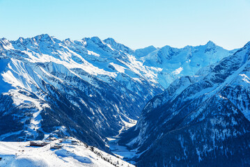 View into the Zillertal valley with the Penken ski resort in the foreground and the mountain panorama in the background, Mayrhofen, Austria