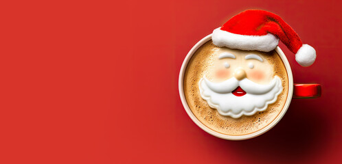 Illustration of latte art cup with milk foam Santa Claus. Christmas coffee cup. Cozy atmosphere. Holiday background with copy space. Christmas and New Year cappuccino coffee. - obrazy, fototapety, plakaty