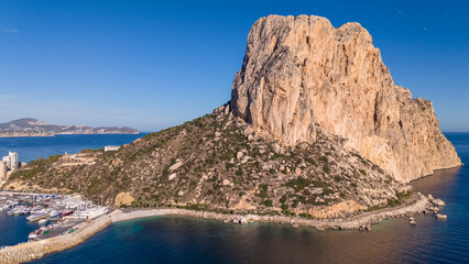 Aerial drone photo of the large mountain in the coastal town named Calpe, Costa Blanca in Spain