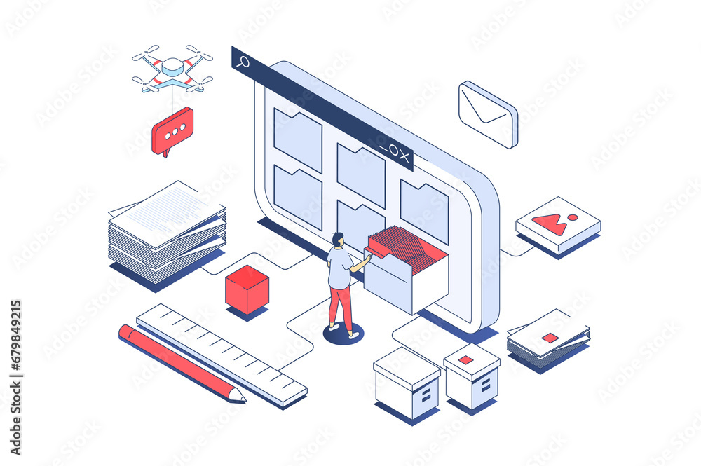 Fototapete Electronic organization files concept in 3d isometric design. Man organizing files in folders on screen, share and downloading documents. Illustration with isometry people scene for web graphic.