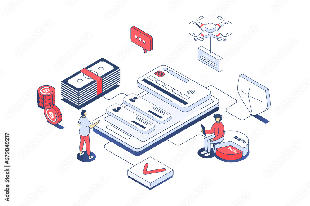 Poster mobile wallet app concept in 3d isometric design. clients managing personal financial credit cards a