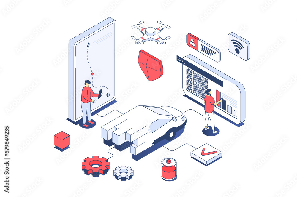 Leinwandbilder smart car concept in 3d isometric design. men managing electric car at mobile phone app, creating ro