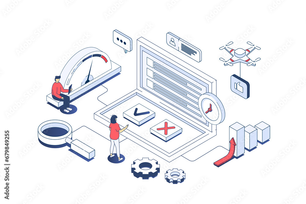 Aufkleber internet survey concept in 3d isometric design. users answering in checkbox list, giving client feed