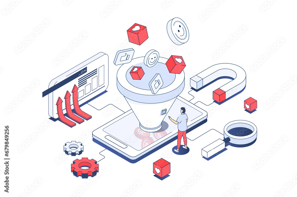 Fototapete social media funnel concept in 3d isometric design. marketer attracting new audience and converting,