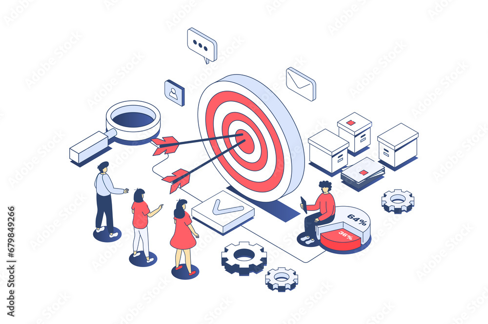 Aufkleber target audience concept in 3d isometric design. business team studying customer focus group, creatin