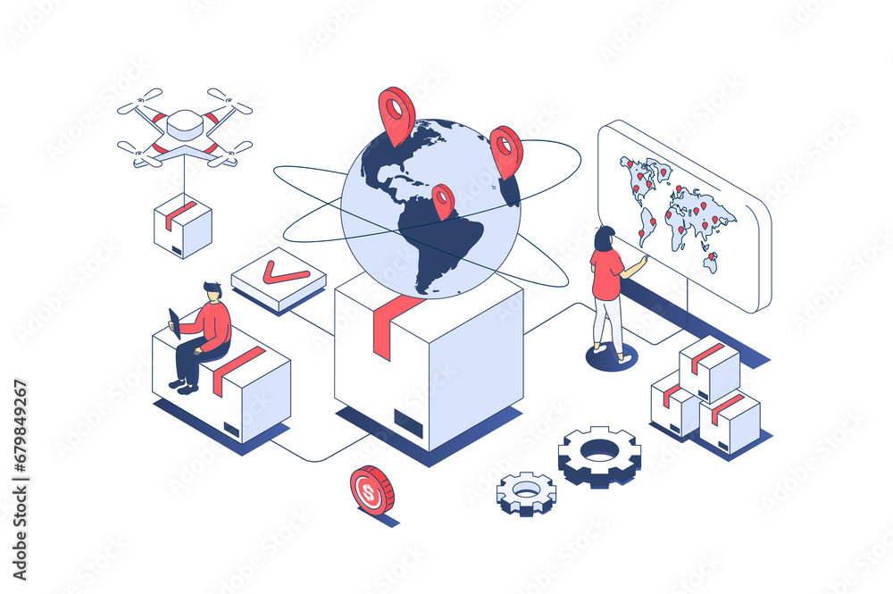 Poster worldwide delivery concept in 3d isometric design. managers working in global logistic company with 