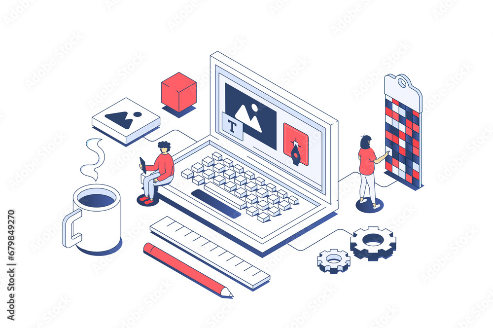 Poster Web design concept in 3d isometric design. Designer team creating digital content and site elements, making and settings homepages. Illustration with isometry people scene for web graphic.