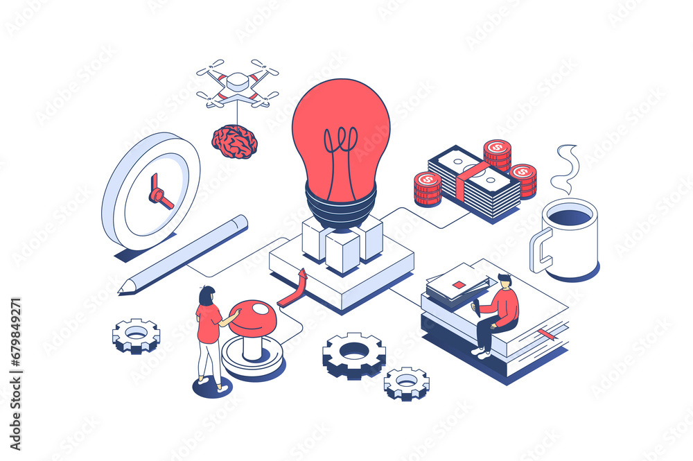 Poster startup concept in 3d isometric design. business team brainstorming and creating new company, attrac