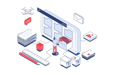 Electronic organization files concept in 3d isometric design. Man organizing files in folders on screen, share and downloading documents. Illustration with isometry people scene for web graphic. - obrazy, fototapety, plakaty