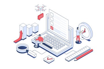 Online survey concept in 3d isometric design. Men filling questionnaire on laptop, giving feedback, marking answers in checklist form. Illustration with isometry people scene for web graphic. - obrazy, fototapety, plakaty