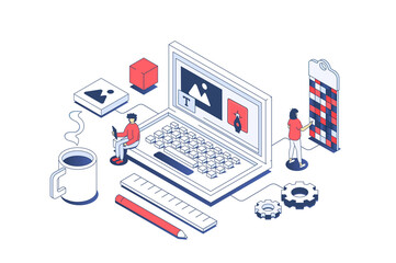Web design concept in 3d isometric design. Designer team creating digital content and site elements, making and settings homepages. Illustration with isometry people scene for web graphic. - obrazy, fototapety, plakaty