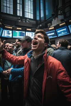 color photo of a trading scene on a bustling stock exchange market, trading lifestyle