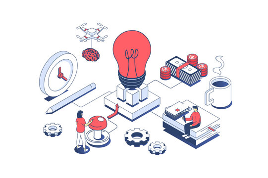 Startup concept in 3d isometric design. Business team brainstorming and creating new company, attracting investment for development. Illustration with isometry people scene for web graphic.