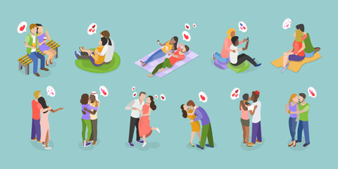 3D Isometric Flat Vector Set of Lovers Couples, Adorable Romantic Scenes