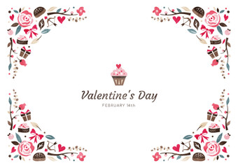 バレンタインの水彩背景フレーム チョコレートと花や植物の飾り枠
