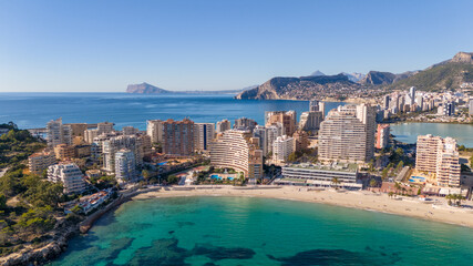 Aerial drone photo of the skyline in Calpe, a coastal town in the Costa Blanca Spain