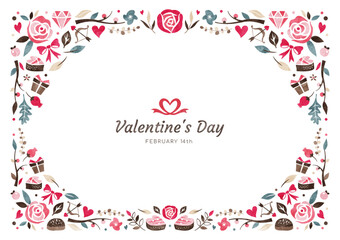 バレンタインの水彩背景フレーム バラの花やチョコレートの飾り枠