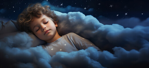 A boy sleeping against the background of the moon and stars. He sleeps among the clouds - obrazy, fototapety, plakaty