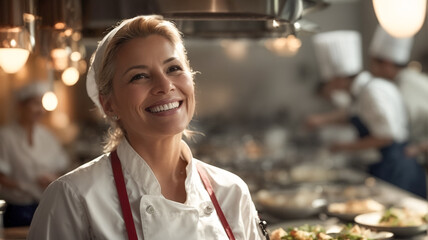 Smiling caucasian adult woman chef in her restaurant, women owned business concept, space for text
