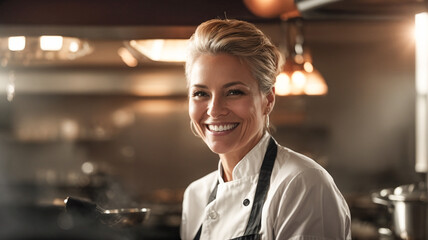 Smiling female chef in her restaurant, women owned business concept
 - Powered by Adobe