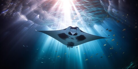 a manta ray swimming under water - obrazy, fototapety, plakaty
