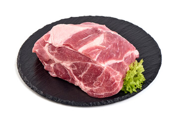 Raw pork neck, collar, Boston butt, shoulder, isolated on white background.