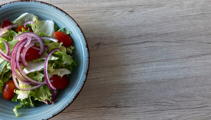 Diet menu. Healthy salad of fresh vegetables. Vegan food.Top view. Space for text