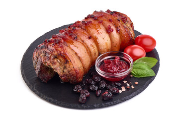 Pork Roast pork with prunes, isolated on white background. close-up.