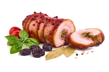 Pork Roast pork with prunes, isolated on white background. close-up.