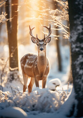Naklejka na ściany i meble wild sika deer in the forest, trees, fawn, roe, antlers, winter, snow, new year, christmas, postcard, nature, cute, animal, eve, fairy tale