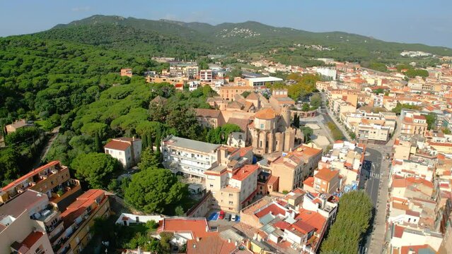 catedral church  Sant Feliu de Guixols in costa brava aerial views spanish turistic touwn with the mediterranean sea blue transparent 