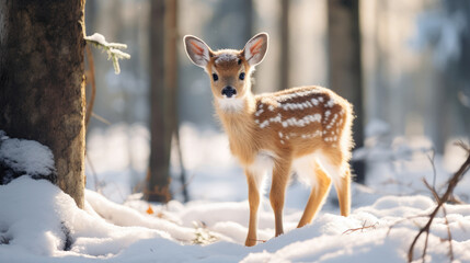 Obraz premium wild sika deer in the forest, trees, fawn, roe, antlers, winter, snow, new year, christmas, postcard, nature, cute, animal, eve, fairy tale