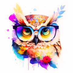 A close-up portrait of a fashionable-looking multicolored colorful fantasy cute stylish owl wearing sunglasses. Generative AI illustration. Printable design for t-shirts, mugs, cases, etc