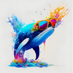 A close-up portrait of a fashionable-looking multicolored colorful fantasy cute stylish whale wearing sunglasses. Generative AI illustration. Printable design for t-shirts, mugs, cases, etc - obrazy, fototapety, plakaty