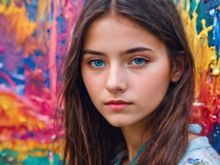 A beautiful girl with colorful eyes covered in paint