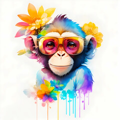 A close-up portrait of a fashionable-looking multicolored colorful fantasy cute stylish monkey wearing sunglasses. Generative AI illustration. Printable design for t-shirts, mugs, cases, etc